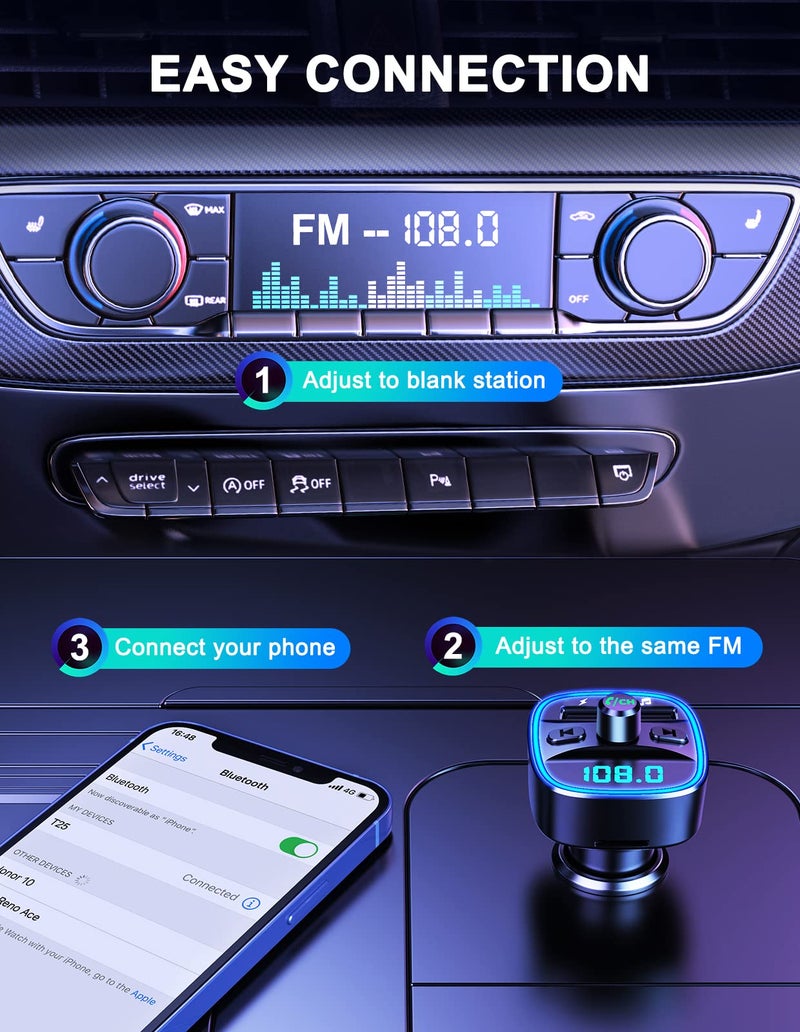 Comsoon (Upgraded) COMSOON FM Transmitter, Bluetooth Car Adapter MP3 Player, Hands-Free Calling, Dual USB Ports (5V/2.4A & 1A), LED Screen, Support SD/TF Card Flash Drive - Image 5